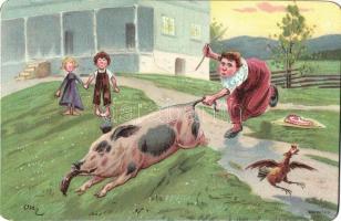 Family with pig. humour. litho s: Eneret J. F.