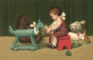Children art postcard with toys. Meissner & Buch Künstler-Postkarten 2011. litho