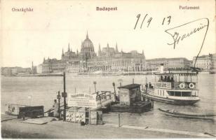 Budapest V. Országház, Parlament, Hajóállomás, Újpest gőzhajó járat Hunyadi János keserűvíz reklámmal, Császár fürdői jegyáruda