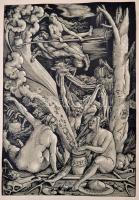 Boszorkányszombat, Hans Baldung Grien fametszetéről készült reprodukció, papírra ragasztva, 37×25,5 cm