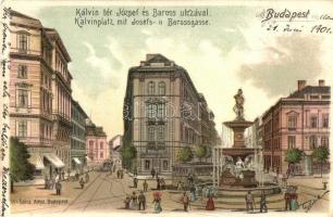 1901 Budapest IX. Kálvin tér, József és Baross utca, szökőkút, villamos, Gyógyszertár, üzletek. Ganz Antal 304.