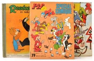 1961-1981 Vegyes francia nyelvű képregény, 3 db:  Pif poche spécial jeux hors série 1981 április, Pipolin 7. 1961. március, Roudou 24. 1961. november. A borítók foltosak, két gerincen kisebb sérüléssel.
