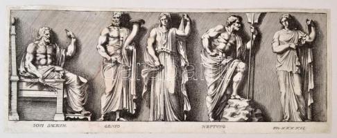 cca 1700 Antik mitológiai alakok, jelenetek, 7 db rézmetszet, papír, feliratozva, kartonra ragasztva...