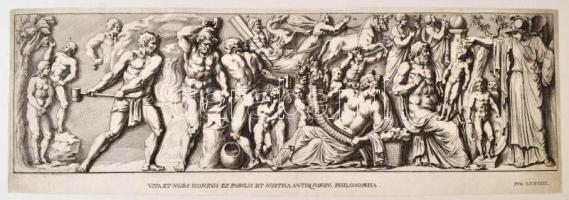 cca 1700 Antik mitológiai alakok, jelenetek, 7 db rézmetszet, papír, feliratozva, kartonra ragasztva...