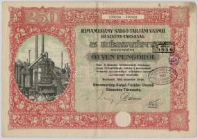 Budapest 1925. "Rimamurány-Salgó-Tarjáni Vasmű Részvény-Társaság" részvénye 250P-ről, bély...