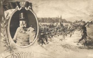 1914 Franz Joseph with soldiers before the battle. Flag (EK)