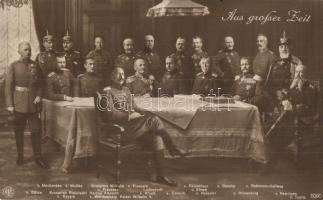 Aus grosser Zeit. Kaiser Wilhelm II, Hindenburg with the military leaders of WWI: Mackensen, Moltke, Bölow, Kronprinz Rupprecht v. Bayern, herzog Albrecht v. Württemberg, Ludendorff, Kluck, Emmich, Falkenhayn, Einem, Haeseler, Beseler, Bethmann-Hollweg, Heeringen, Tirpitz (gluemark)