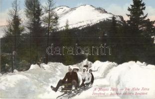 Tátrafüred, Ótátrafüred, Altschmecks, Stary Smokovec (Tátra, Tatry); Öt-fős irányítható Bobsleigh indulás a Tarajkáról, szánkózás télen, téli sport / winter sports, sledding people, 5-men controllable bobsled from Hrebienok