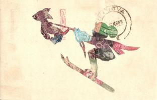 Síelő. Bélyegekből kivágott és összeragasztott képeslap. Budai nyomda / Skier, winter sport. Made out of stamps + 1938 IV. Pax Bélyegkiállítás So. Stpl.