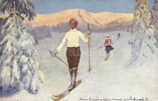 Skiing, skiers, winter sport. artist signed