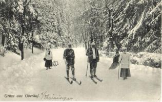 Gruss aus Oberhof. Winter Idylle / Winter sport, skiing, skiers, sled (EK)