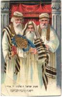 Jewish New Year greeting postcard with rabbis, Hebrew text, Judaica. Golden litho (b)