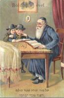 Boldog Újévet! / Jewish New Year greeting postcard with rabbi teaching children, Hebrew text, Judaica. litho (fa)