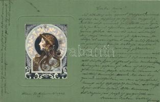Art Nouveau lady art postcard. Emb. litho