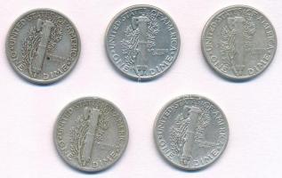 Amerikai Egyesült Államok 1941-1945. 1D Ag "Mercury" (5xklf) T:2,2- 
USA 1941-1945. Dime ...