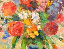 Biró Ferenc (1921-2001): Virágcsendélet. Olaj, farost, jelzett, keretben, 65×45 cm