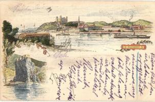 1899 Pozsony, Pressburg, Bratislava; Ezredéves Országos Kiállítás, Dévényi vár, gőzhajók / Devín castle, steamships, general view. floral litho s: Morelli, Dörre T. + brown 2 Kr. Ga.