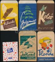 cca 1940 6 féle gyógyszertári gyógycukorka reklámos papírtasak és címke (1 db) / pharmacy pills bags and labels