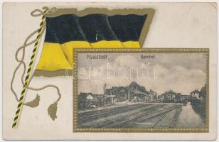 Pragersko, Pragerhof; Bahnhof / railway station, locomotive, German flag. Amalie Churfürst No. 03140. Emb. golden decorated litho (EK)