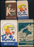 cca 1940 6 féle gyógyszertári gyógycukorka reklámos papírtasak és címke (2 db) / pharmacy pills bags and labels