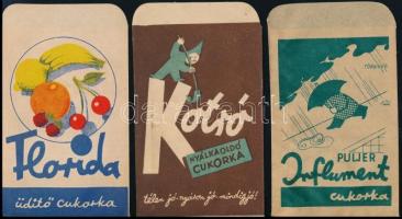 cca 1940 6 féle gyógyszertári gyógycukorka reklámos papírtasak és címke (1 db) / pharmacy pills bags and labels
