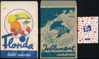 cca 1940 6 féle gyógyszertári gyógycukorka reklámos papírtasak és címke (1 db) / pharmacy pills bags...