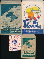 cca 1940 4 féle gyógyszertári gyógycukorka reklámos papírtasak és címke (1 db) / pharmacy pills bags and labels