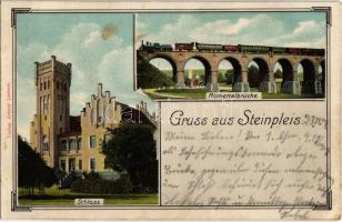 Steinpleis (Werdau), Römertalbrücke, Schloss / viaduct, railway bridge with locomotive, castle
