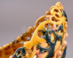 Zsolnay antik áttört tál, kézzel festett, jelzett (TJM),  kopásokkal, 22×10,5×12 cm