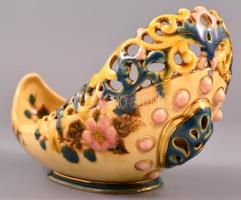 Zsolnay antik áttört tál, kézzel festett, jelzett (TJM),  kopásokkal, 22×10,5×12 cm