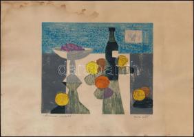 Zsille Győző (1925-): Narancsos csendélet. Szines linó, papír, jelzett, 19,5×24 cm