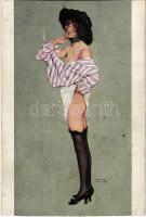 La premiere voilette / Gently erotic art postcard. Marque L-E. 10. s: Raphael Kirchner (cut)