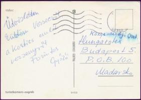 Forintos Győző nagymester sakkolimpikon üdvözlő képeslapja Kosztics emlékversenyről / Autograph signed postcard of chess master