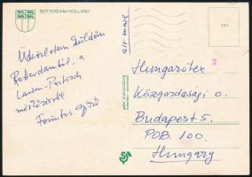 Forintos Győző nagymester sakkolimpikon üdvözlő képeslapja a Larsen-Portisch versenyről / Autograph signed postcard of chess master
