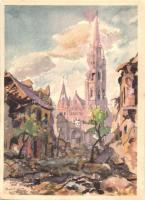 Budapest I. Budai vár, Koronázó templom 1945 tavaszán, romok; Második világháborús. Kiadja Piatnik Nándor és Fiai / WWII destructions, ruins in Budapest s: Blaski János (EK)