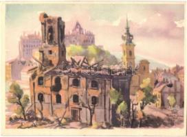 Budapest I. Budai Szerb ortodox templom 1945 tavaszán, romok; Második világháború. Kiadja Piatnik Nándor és Fiai / WWII destructions, ruins in Budapest s: Blaski János (EK)