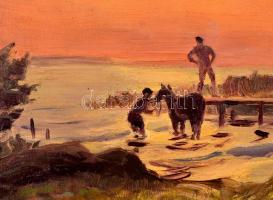 Orsós Ferenc (1955-): Ló mosdatás. Olaj, falemez, 23×27 cm