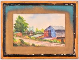 Vass jelzéssel: Nyitott tároló. Akvarell, papír, üvegezett keretben, 17×28 cm