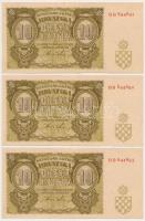 Független Horvát Állam 1941. 10K (3x) sorszámkövetők T:II,II- Independent State of Croatia 1941. 10 Kuna (3x) sequential serials C:XF,VF