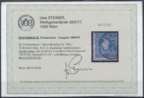 15kr II blue, with St. Andrews cross part "PEST(H) / Aben(ds)" Certificate: Steiner 15kr k...