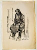 Tar Zoltán (1913-1992): Tengerit morzsoló szignált pitt krétarajz 25x35cm (apró szakadás a szélen) A Tar Zoltán grafikáit ismertető albumban szerepel!