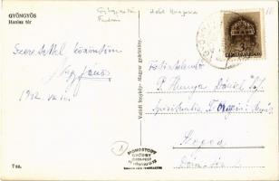 Gyöngyös, Hanisz tér, Gyógyszertár, Hotel Hungária szálloda, fodrász üzlet, kerékpár