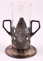 Kaiser Zinn szecessziós füles ón váza, jelzett, üvegbetéttel, jó állapotban, m:15 cm