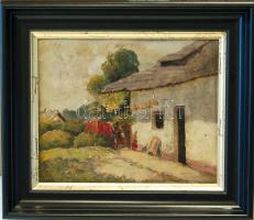 cca 1930 Falusi udvar olaj, fa 27x22 cm keretben