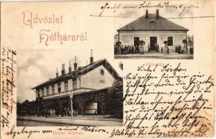 1902 Héthárs, Lipany, Lipjany; Városház, Vasútállomás. Krischer Lipót kiadása / town hall, railway bridge (EK)
