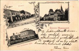 1904 Homonna, Homenau, Humenné; Fő utca, Gróf Andrássy kastély télen, Felső Kereskedelmi iskola, gyógyszertár, Neuman Adolf és Friedmann Samu üzlete. Fejes Jakab kiadása / main street, shops, castle in winter, school, pharmacy. Floral (Rb)