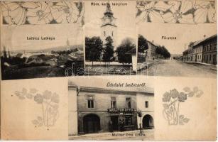 1910 Leibic, Leibitz, Lubica; Fő utca, Római katolikus templom, Molitor Ottó üzlete és saját kiadása / main street, shop, church. Art Nouveau (EK)