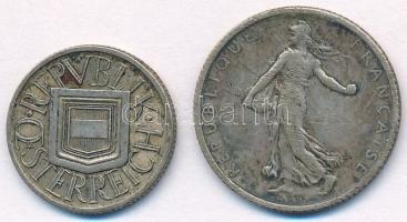 Vegyes: Ausztria 1926. 1/2Sch Ag + Franciaország 1917. 1Fr Ag T:2,2-
Mixed: Austria 1926. 1/2 Schil...