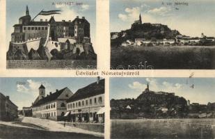 1914 Németújvár, Güssing; A vár 1457-ben, a vár jelenleg, Fő tér, üzletek, templom, látkép / the castle in 1457 and the castle now, main square, shops, church, street view, general view (EK)