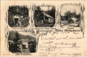 1904 Tátra, Barlangliget, Höhenhain; Barlang bejárat, Társalgó vendéglő, Menház, Kápolna / cave entry, restaurant, rest house, chapel. Art Nouveau